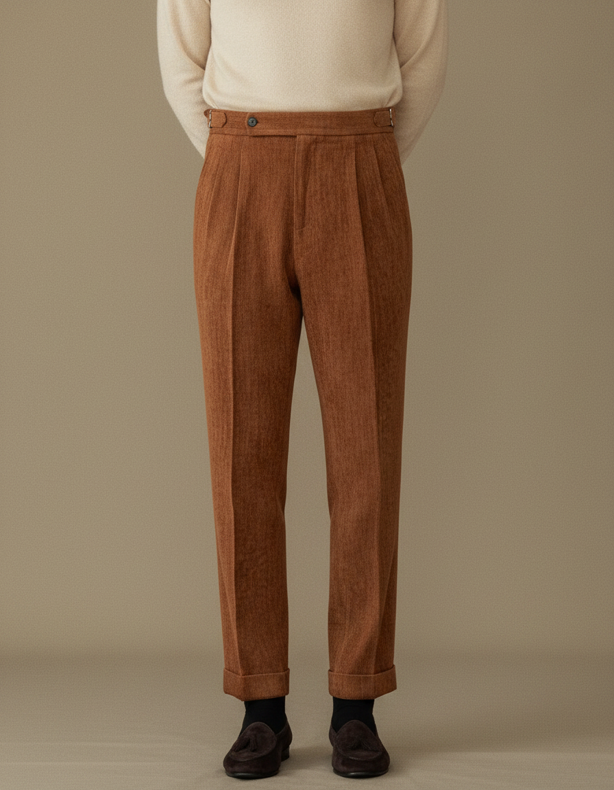 Pantalon Marron Plissé Velours Côtelé Élégant Homme - Cordé
