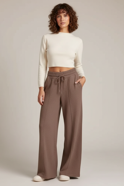 Pantalon Marron Ample Côtelé Décontracté Fluide Femme - Molleton