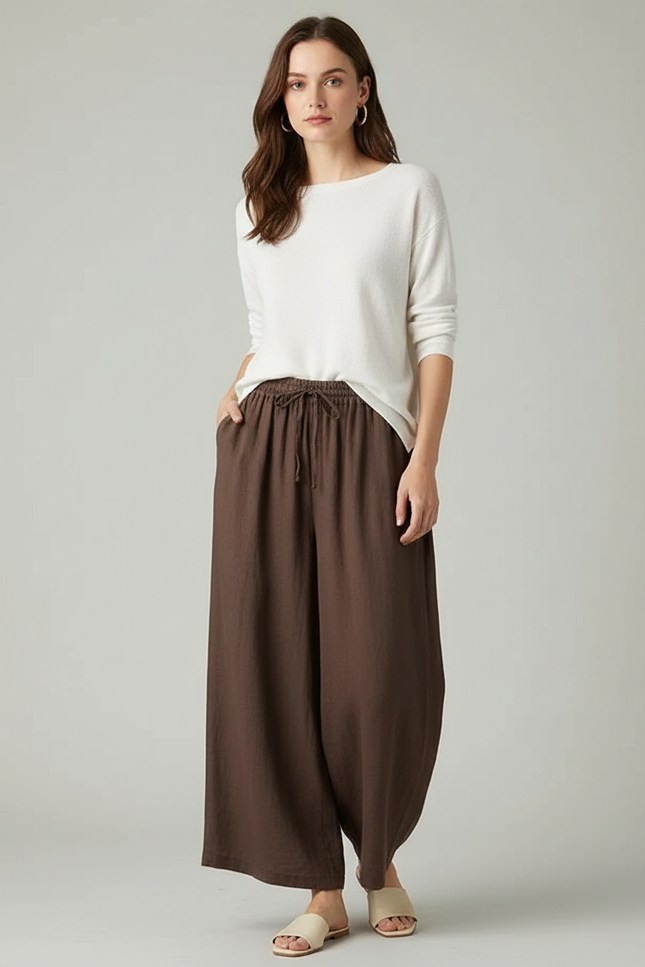 Pantalon Marron Lin Ample Taille Haute Femme Décontracté