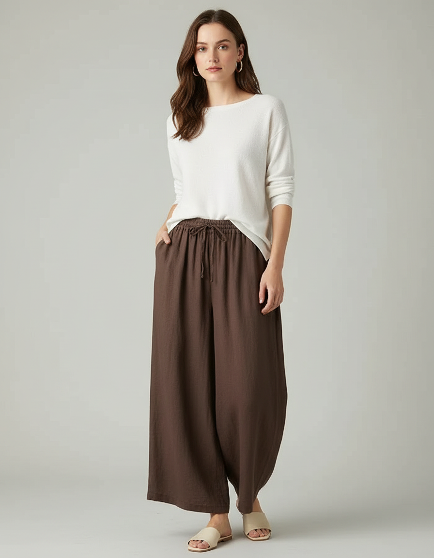 Pantalon Marron Lin Ample Taille Haute Femme Décontracté