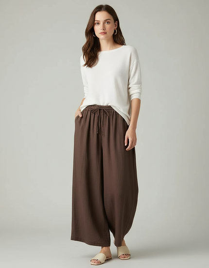 Pantalon Marron Lin Ample Taille Haute Femme Décontracté