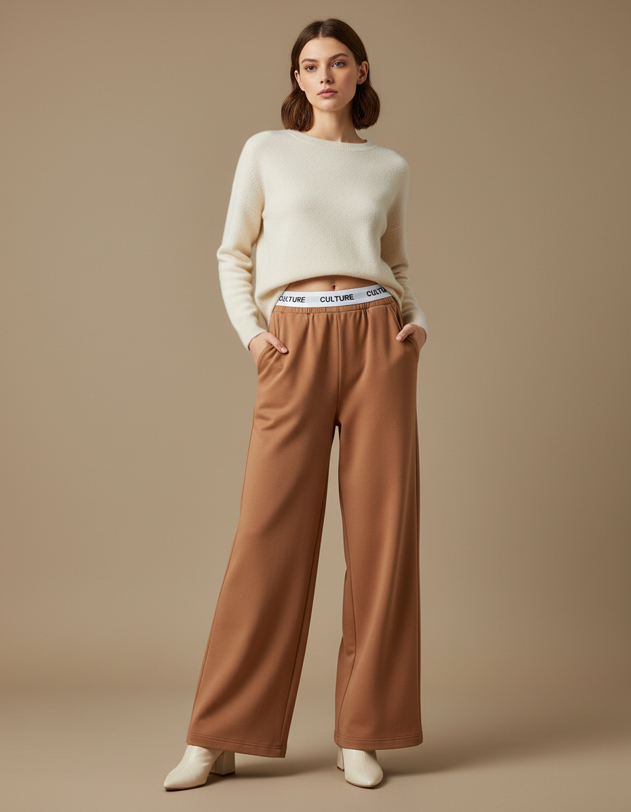 Pantalon Marron Ample Taille Haute Confortable Femme - Camel Molleton