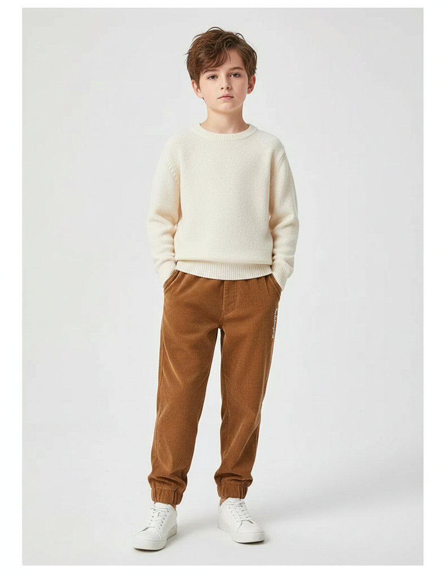 Pantalon Marron Côtelé Droit Décontracté Enfant - Cordé