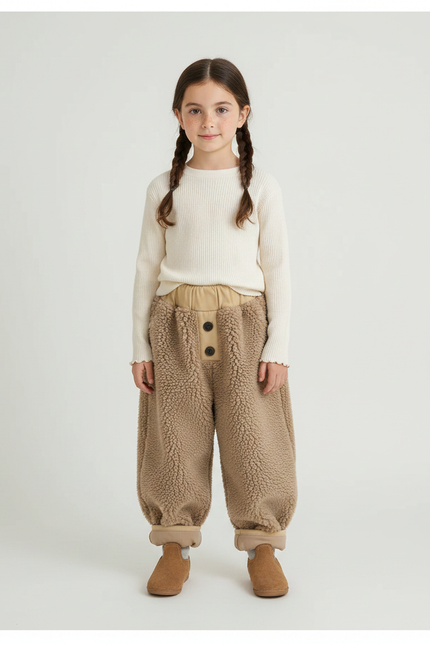 Pantalon Marron Polaire Ample Chaud Enfant Hiver - Molleton