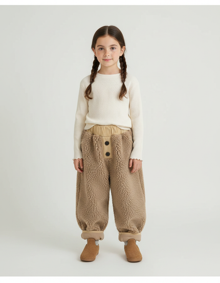Pantalon Marron Polaire Ample Chaud Enfant Hiver - Molleton