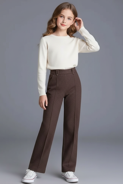 Pantalon Marron Droit Taille Haute Épais Fille - Laine