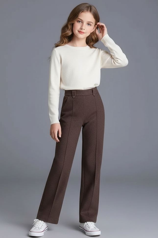 Pantalon Marron Droit Taille Haute Épais Fille - Laine
