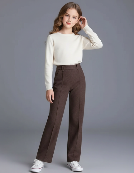 Pantalon Marron Droit Taille Haute Épais Fille - Laine