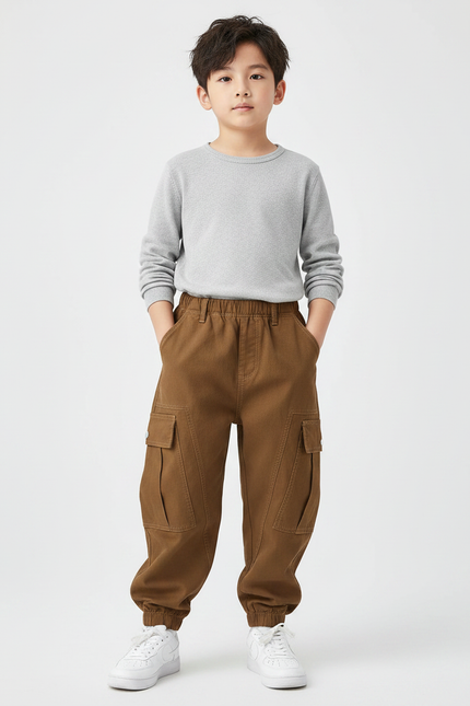 Pantalon Marron Cargo Ample Décontracté Enfant Poches - Toile