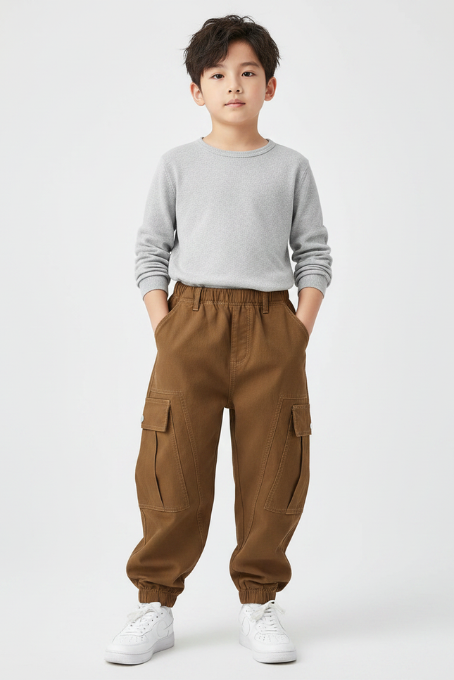 Pantalon Marron Cargo Ample Décontracté Enfant Poches - Toile