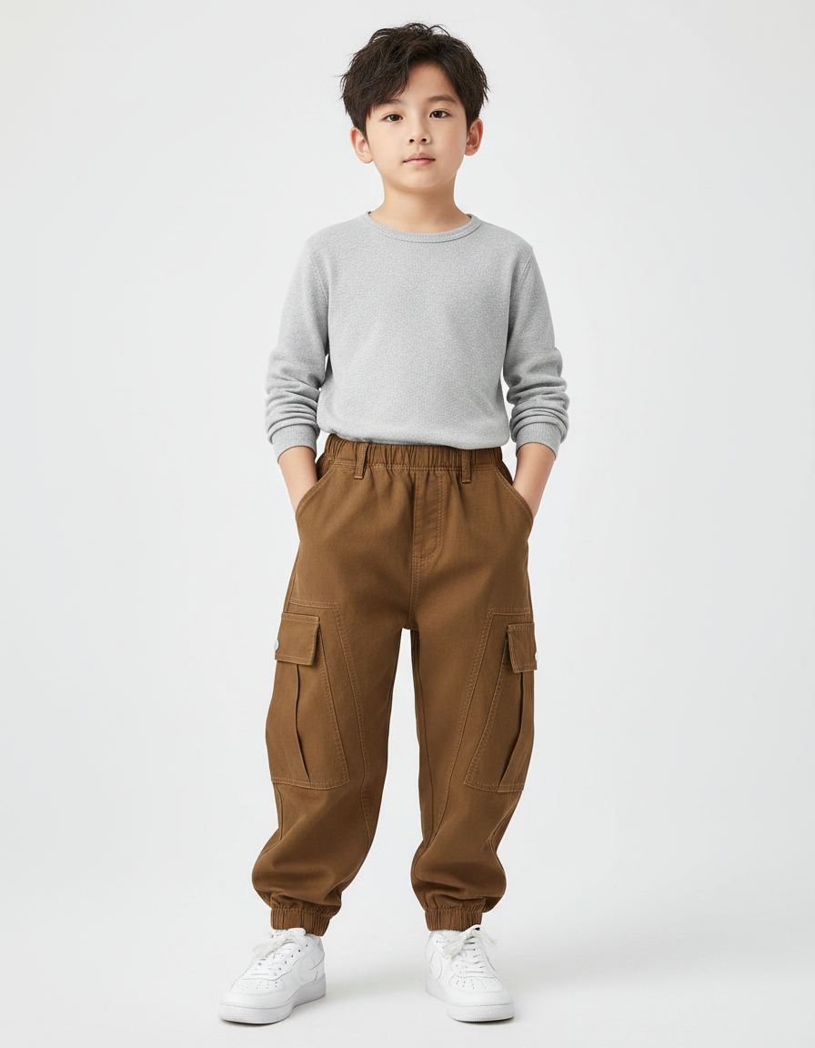 Pantalon Marron Cargo Ample Décontracté Enfant Poches - Toile