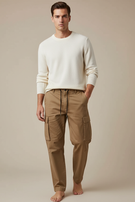 Pantalon Marron Cargo Décontracté Multipoches Coton Homme