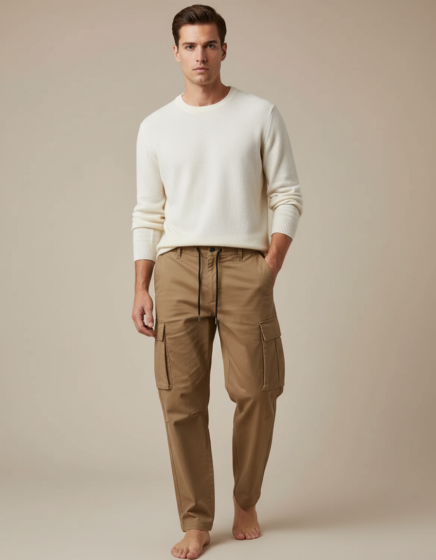 Pantalon Marron Cargo Décontracté Multipoches Coton Homme