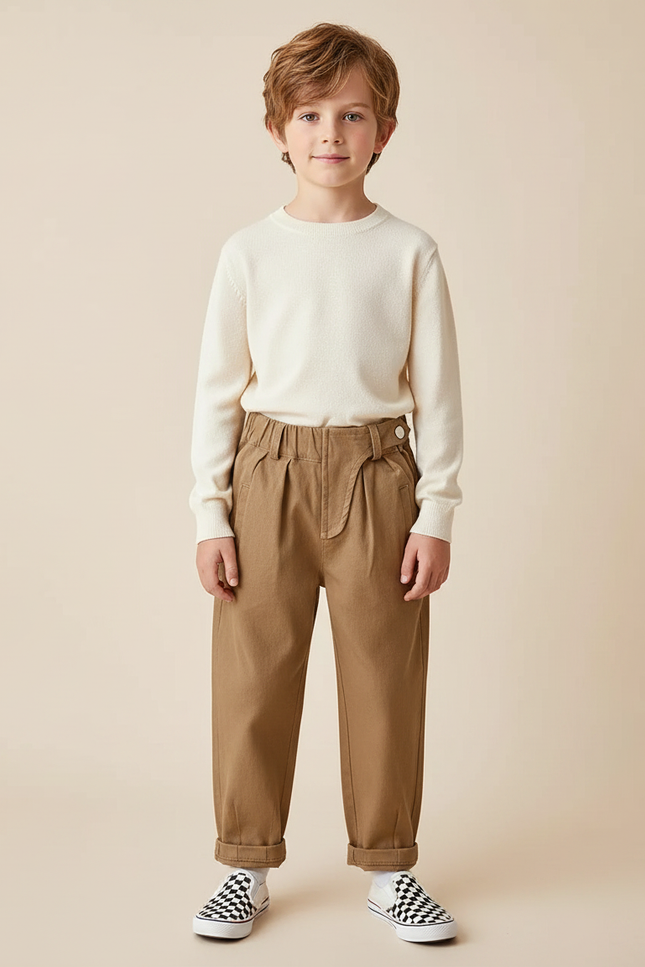 Pantalon Marron Ample Coton Plissé Garçon - Toile