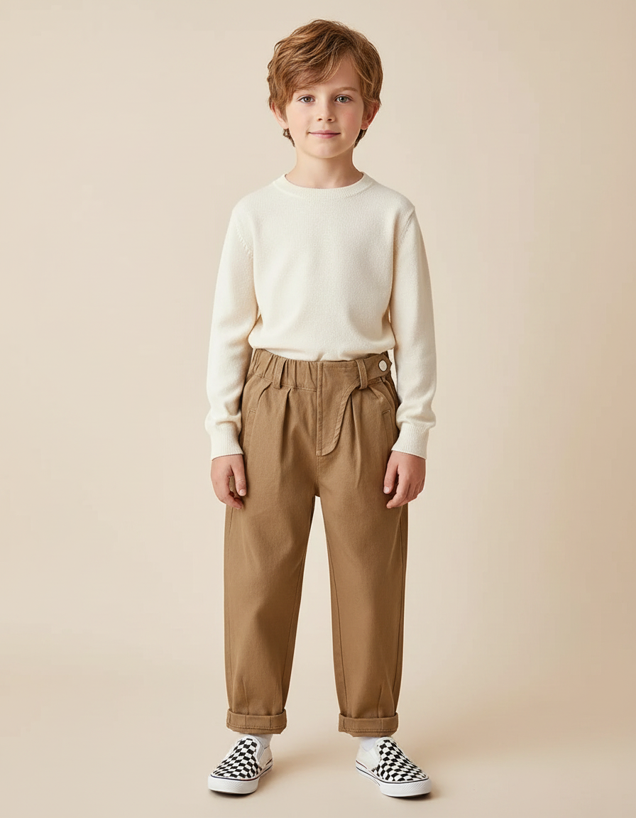 Pantalon Marron Ample Coton Plissé Garçon - Toile
