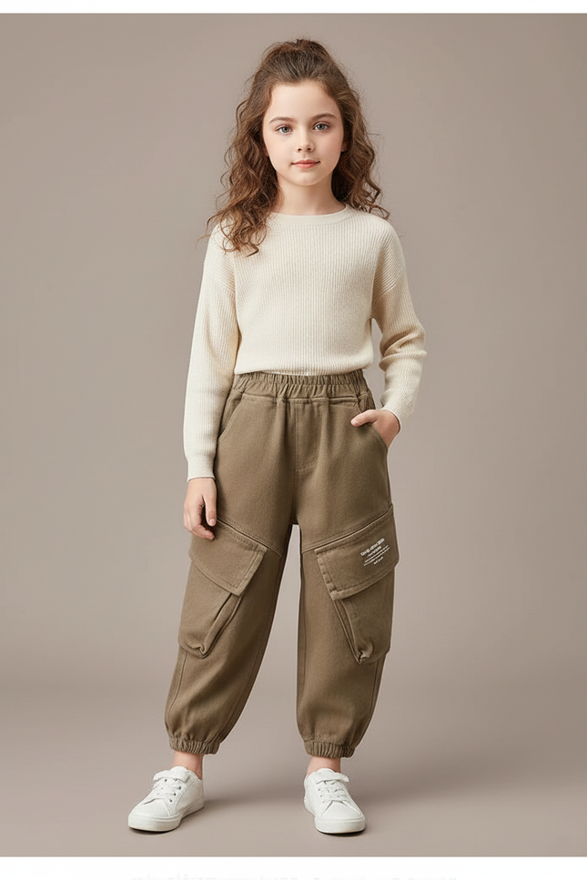 Pantalon Marron Cargo Ample Enfant Décontracté - Kaki Molleton