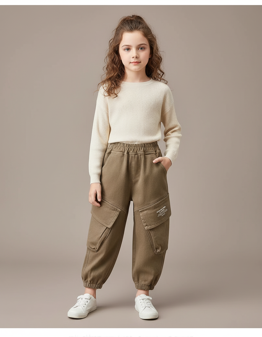Pantalon Marron Cargo Ample Enfant Décontracté - Kaki Molleton