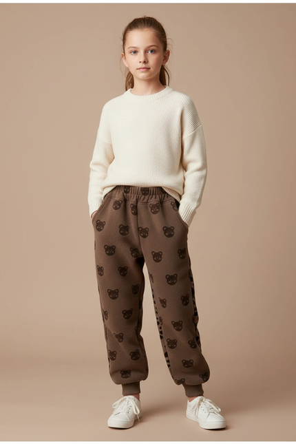 Pantalon Marron Polaire Chaud Enfant Motifs Ours - Molleton