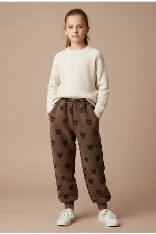 Pantalon Marron Polaire Chaud Enfant Motifs Ours - Molleton