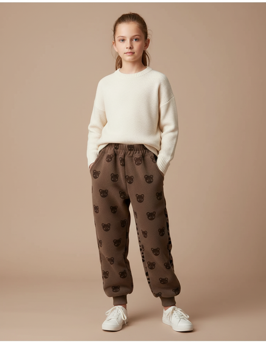 Pantalon Marron Polaire Chaud Enfant Motifs Ours - Molleton