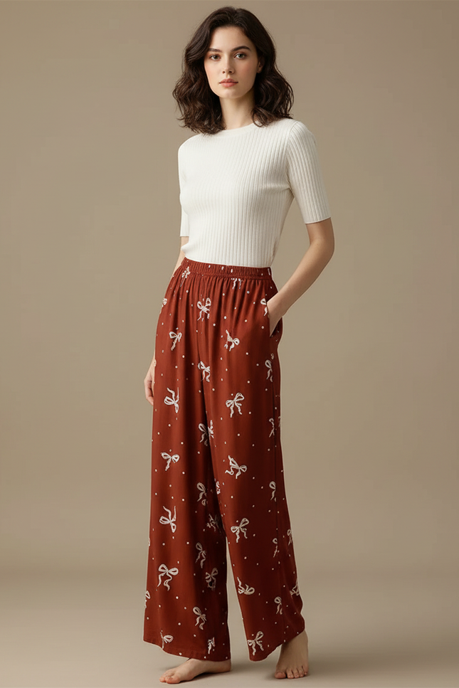 Pantalon Marron Fluide Ample Imprimé Nœuds - Viscose