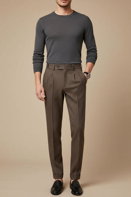 Pantalon Marron Laine Plissé Élégant Homme Décontracté