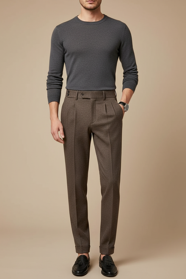 Pantalon Marron Laine Plissé Élégant Homme Décontracté