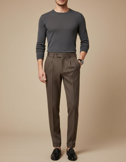 Pantalon Marron Laine Plissé Élégant Homme Décontracté