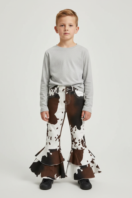 Pantalon Marron Évasé Imprimé Vache Enfant - Jean