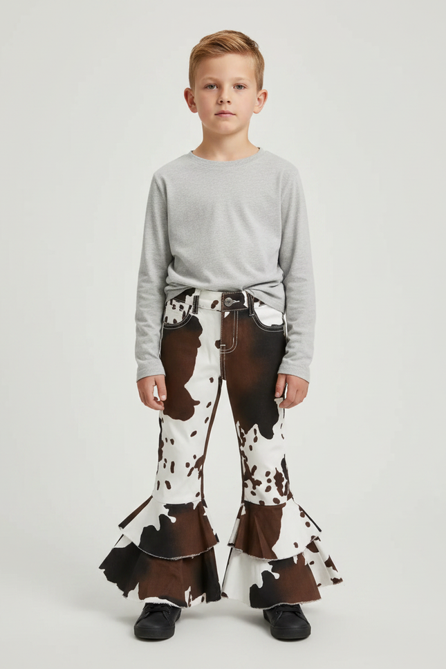 Pantalon Marron Évasé Imprimé Vache Enfant - Jean