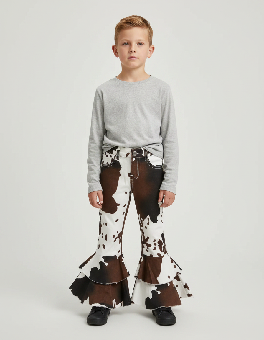 Pantalon Marron Évasé Imprimé Vache Enfant - Jean