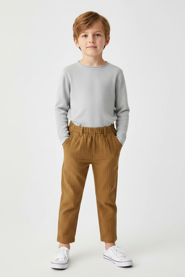 Pantalon Marron Ample Coton Plissé Garçon Décontracté