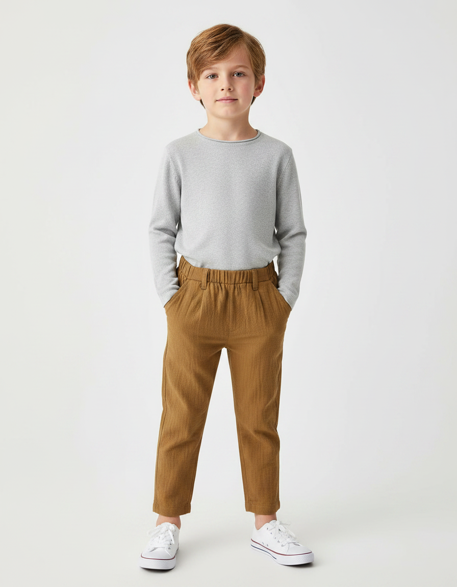 Pantalon Marron Ample Coton Plissé Garçon Décontracté