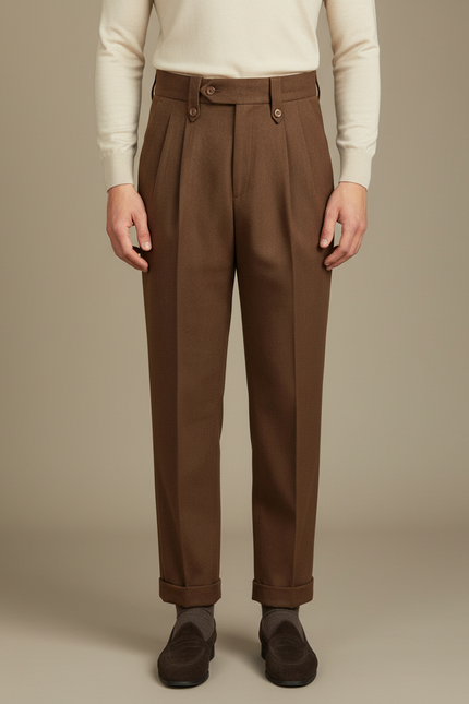 Pantalon Marron Plissé Laine Homme Droit Élégant