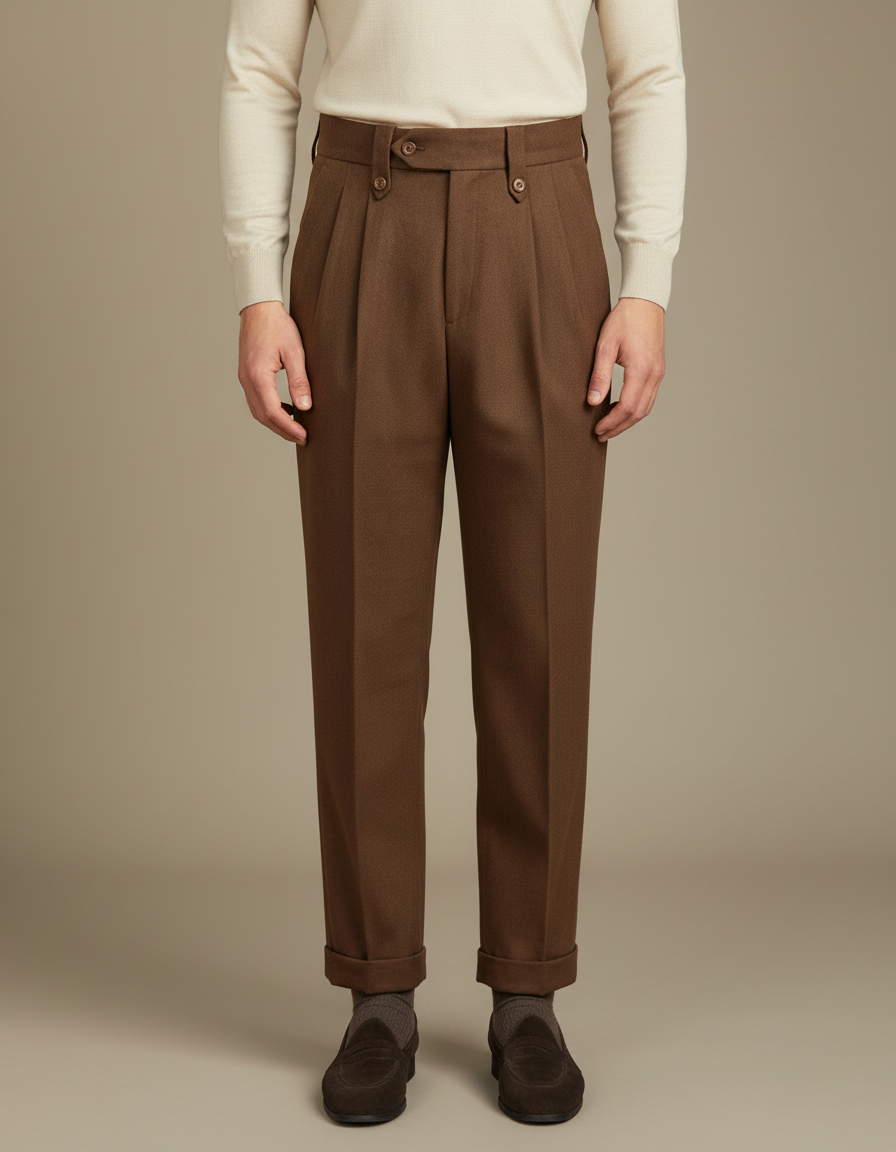 Pantalon Marron Plissé Laine Homme Droit Élégant