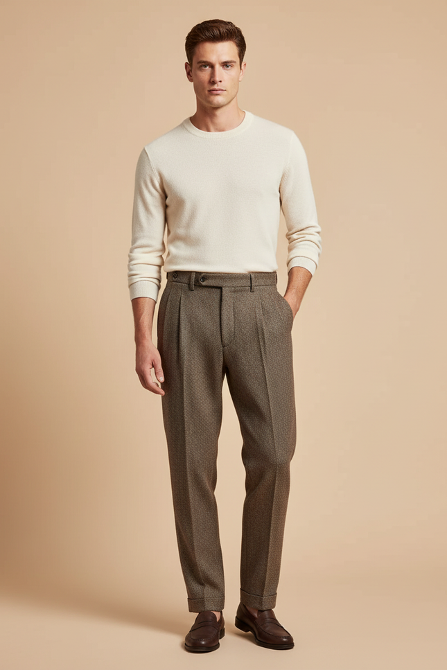 Pantalon Marron Laine Plissé Droit Homme Élégant - Tweed
