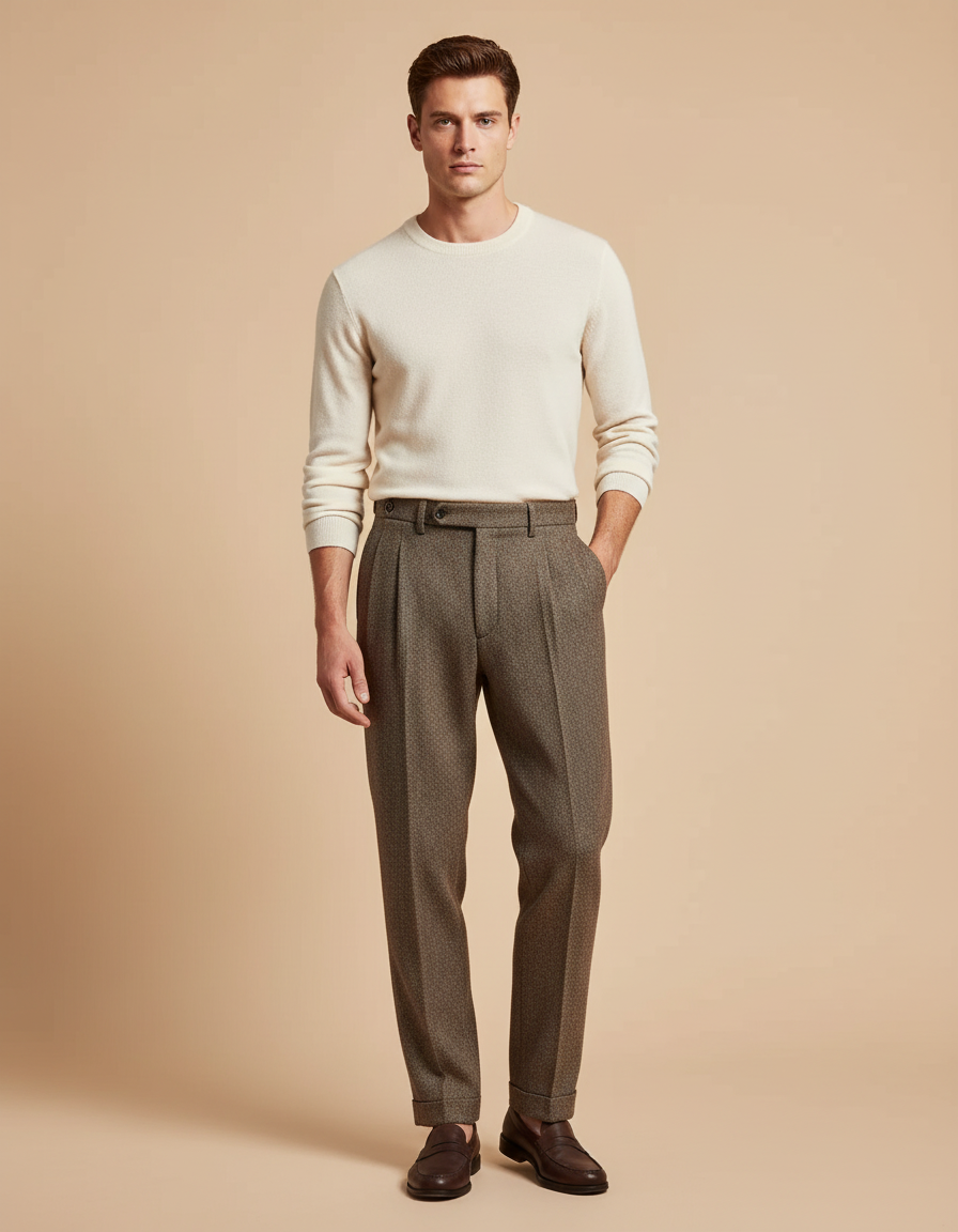 Pantalon Marron Laine Plissé Droit Homme Élégant - Tweed
