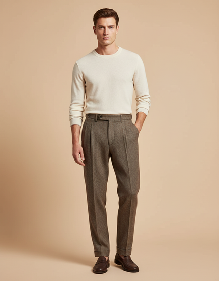 Pantalon Marron Laine Plissé Droit Homme Élégant - Tweed