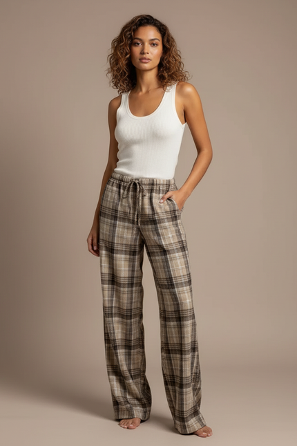 Pantalon Marron Carreaux Ample Fluide Décontracté Femme - Laine