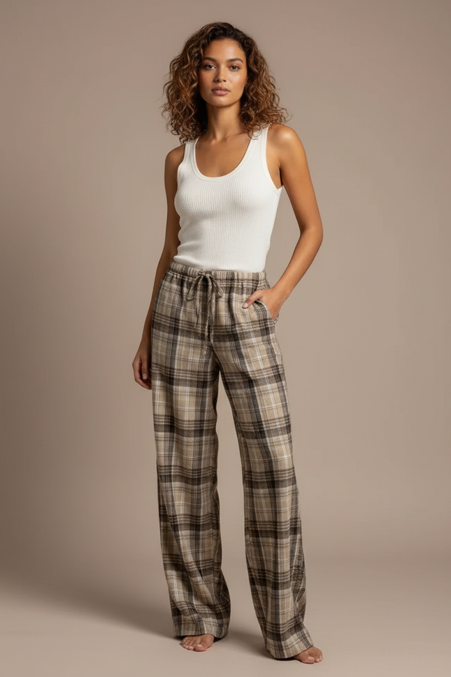 Pantalon Marron Carreaux Ample Fluide Décontracté Femme - Laine