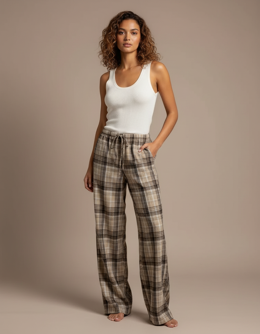 Pantalon Marron Carreaux Ample Fluide Décontracté Femme - Laine