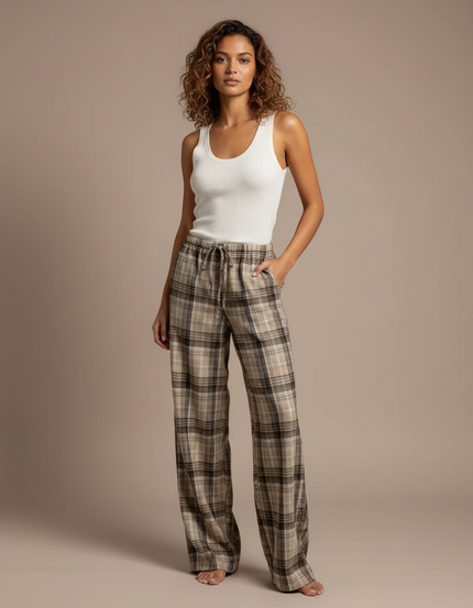 Pantalon Marron Carreaux Ample Fluide Décontracté Femme - Laine