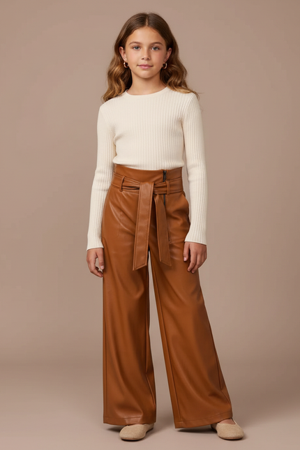 Pantalon Marron Similicuir Large Ceinturé Fille - Simili cuir
