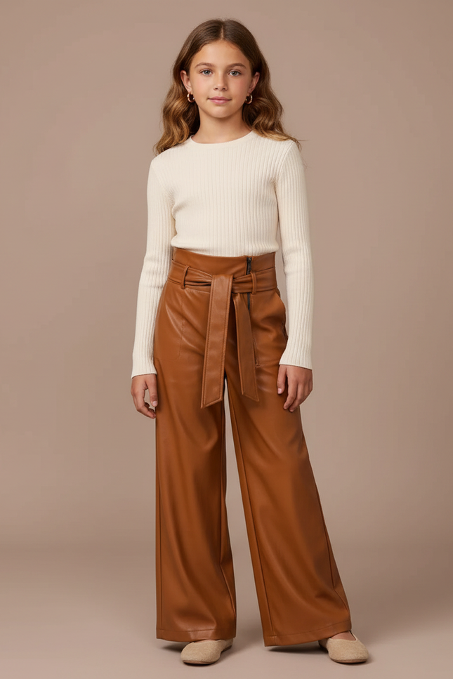 Pantalon Marron Similicuir Large Ceinturé Fille - Simili cuir