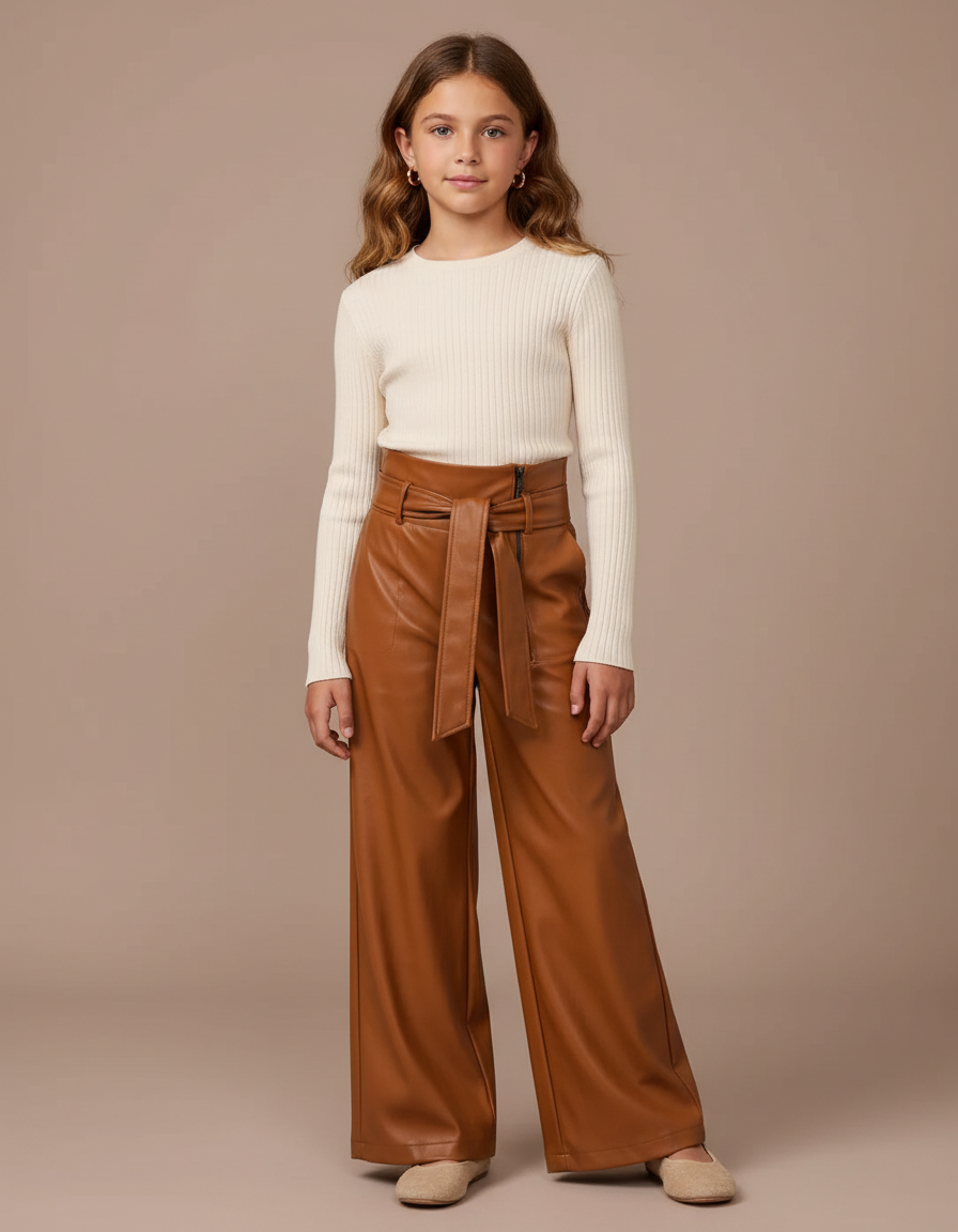Pantalon Marron Similicuir Large Ceinturé Fille - Simili cuir