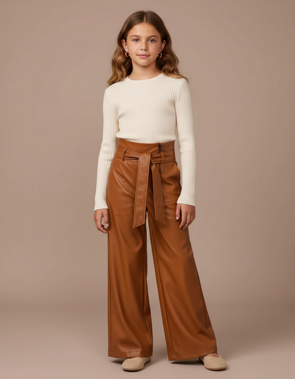Pantalon Marron Similicuir Large Ceinturé Fille - Simili cuir