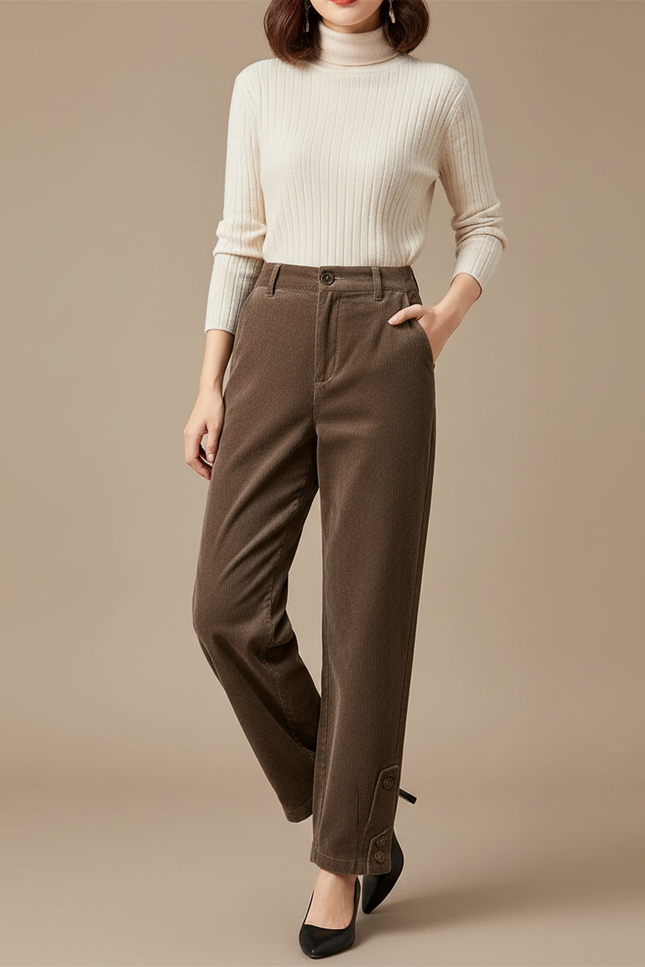 Pantalon Marron Côtelé Harem Chaud Décontracté Femme - Cordé