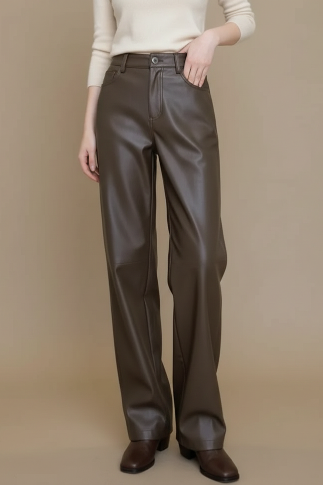 Pantalon Marron Cuir PU Ample Élégant Décontracté - Simili cuir