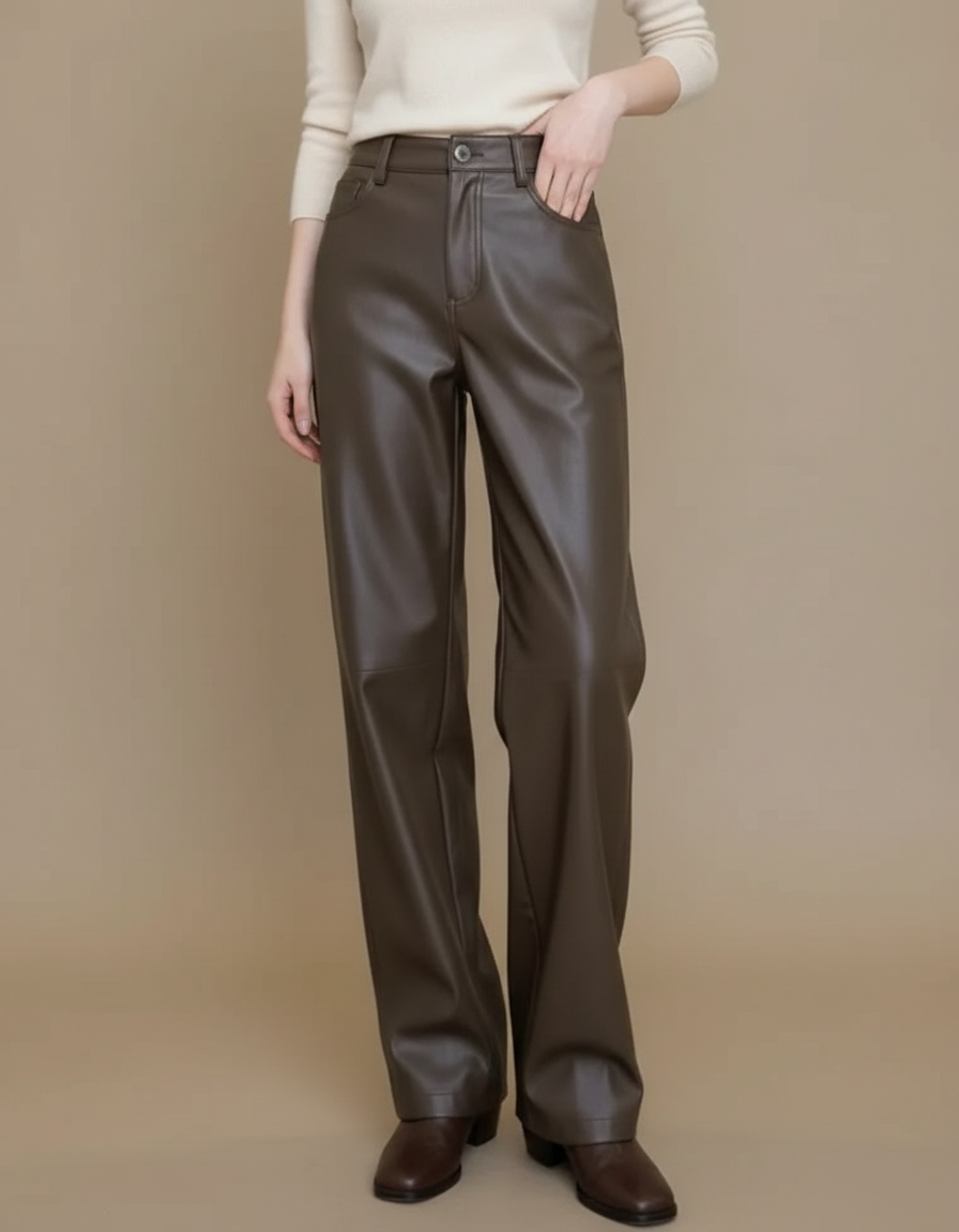 Pantalon Marron Cuir PU Ample Élégant Décontracté - Simili cuir