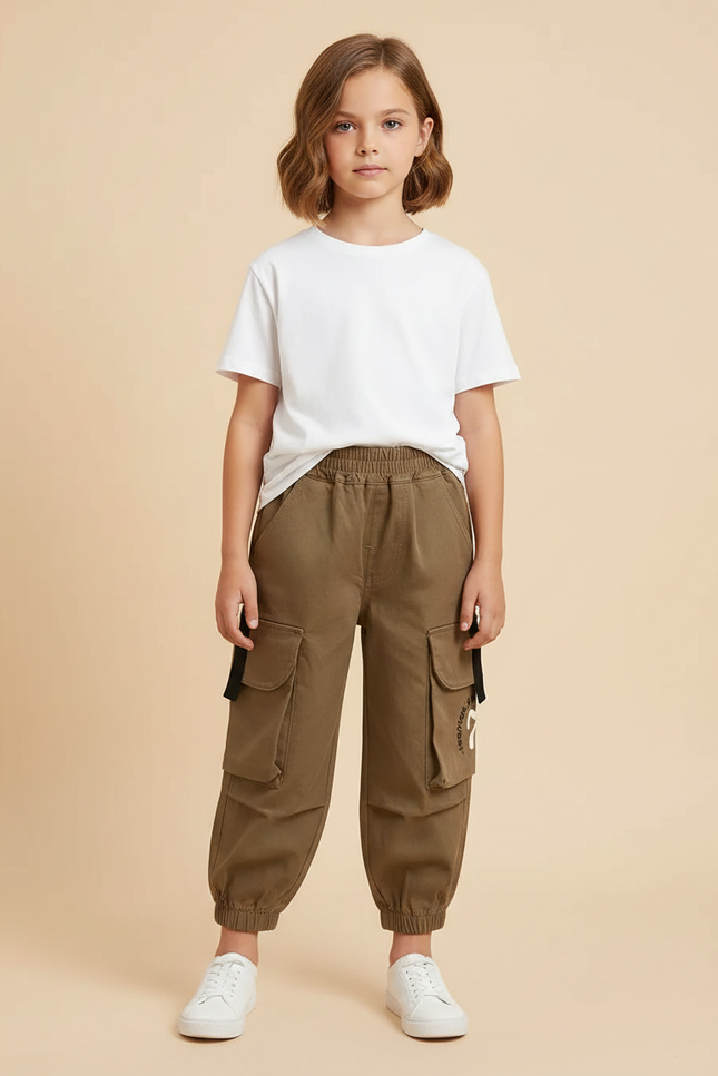 Pantalon Marron Cargo Enfant Poches Latérales Cordon - Kaki Toile